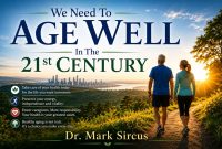 Older couple walking outdoors at sunset beneath the title “We Need To Age Well In The 21st Century.”