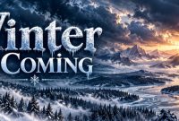 Snow-covered mountains and frozen landscape beneath the title “Winter Is Coming.”