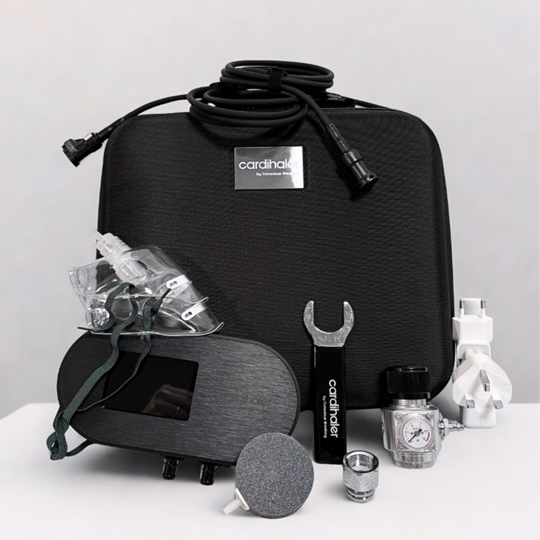 Carbon dioxide medicine inhalation device with mask, regulator, tubing, and accessories for controlled CO2 delivery.