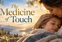 Touch and human connection illustrated by a mother gently comforting and holding her sleeping child.