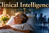 Clinical intelligence illustration showing a doctor listening to an elderly patient, contrasted with pharmaceutical research and clinical trial data.