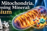 Illustration of magnesium, a mitochondrion, the pancreas, insulin, and glucose representing magnesium’s role in diabetes and metabolic health.
