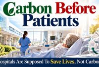 Carbon dioxide and hospital medicine illustration contrasting carbon reduction with oxygen and CO2 carbogen therapy.