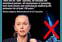 Sasha Latypova with a quote expressing her opposition to vaccination and an illustration of a crossed-out syringe.