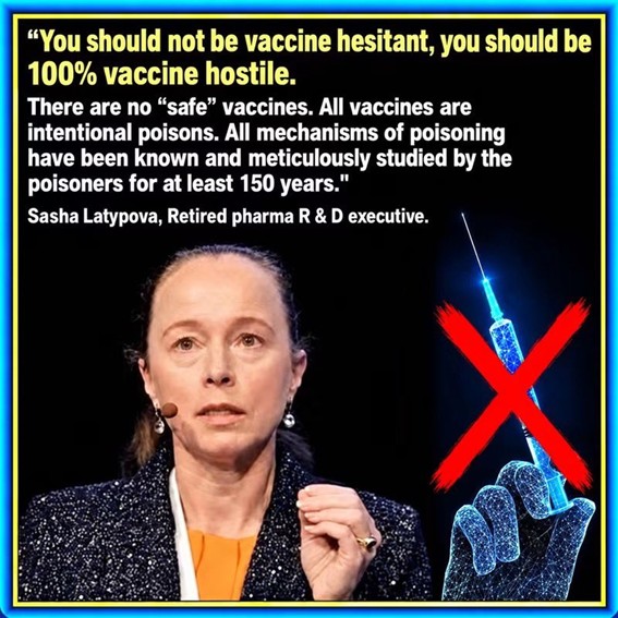 Sasha Latypova with a quote expressing her opposition to vaccination and an illustration of a crossed-out syringe.