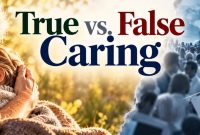 True caring versus false caring, contrasting a grandmother comforting a child with population health and vaccination imagery.