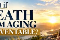 Aging and longevity concept featuring an older couple overlooking a mountain landscape under the title “What if Death from Aging is Preventable?”