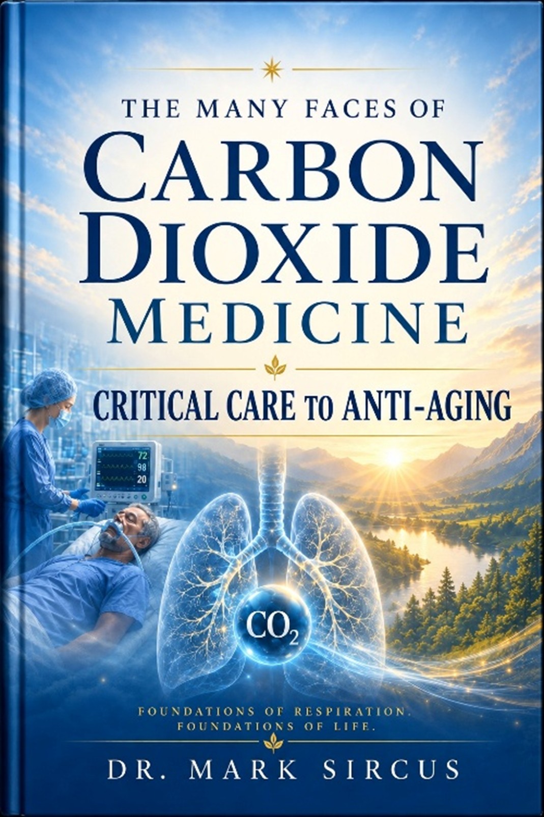 The Many Faces of Carbon Dioxide Medicine: Critical Care to Anti-Aging book cover by Dr. Mark Sircus, featuring lungs, CO2, critical care, and longevity imagery.