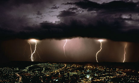Lightning striking over Cape Town, South Africa